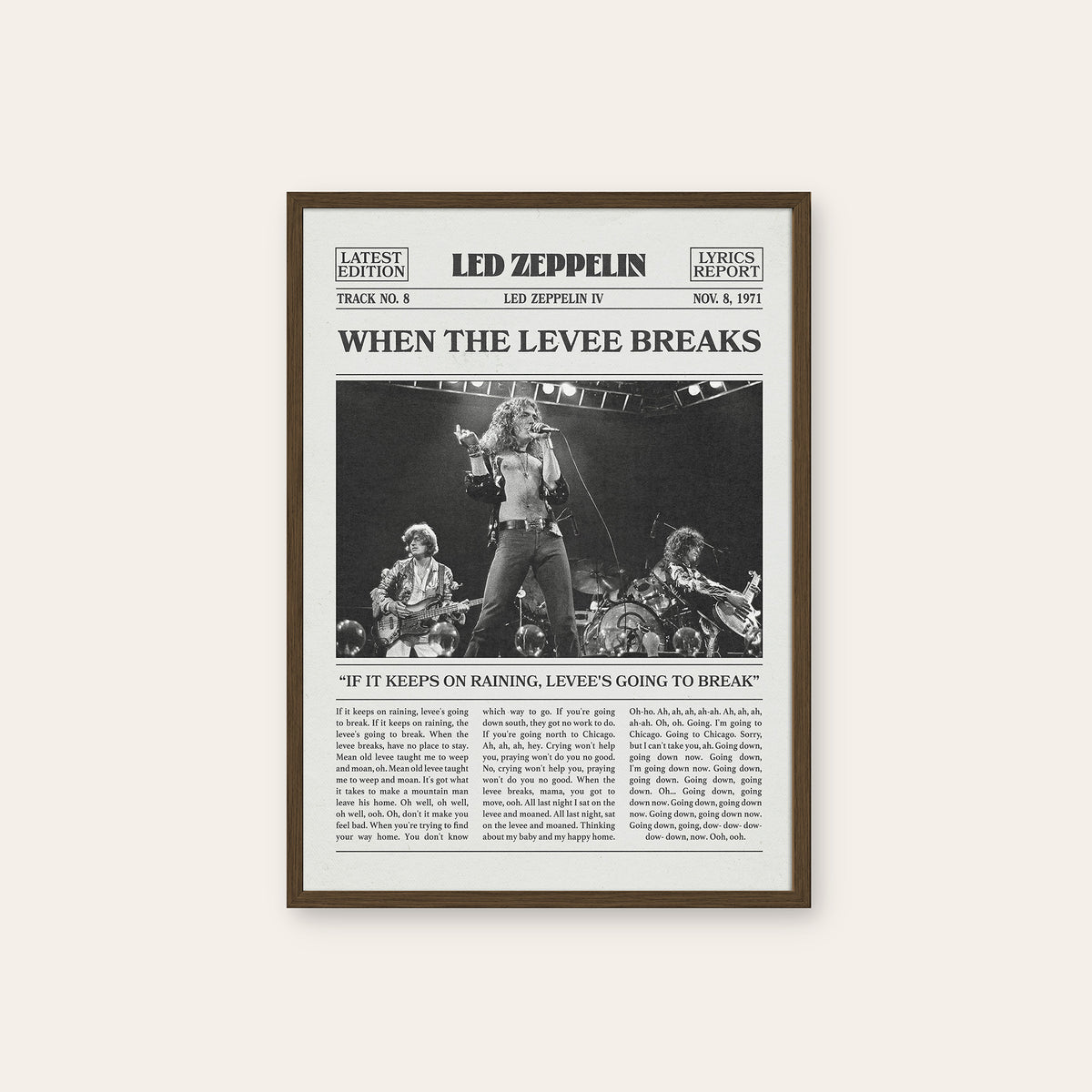 Led Zeppelin When the Levee Breaks newspaper poster — dark wood frame