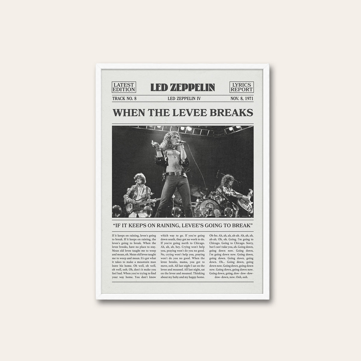 Led Zeppelin When the Levee Breaks newspaper poster — white frame