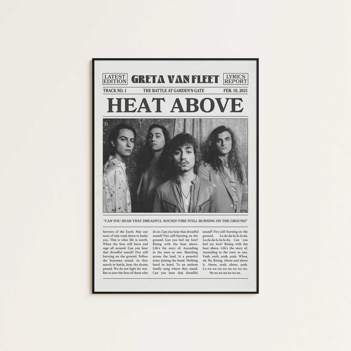 Greta Van Fleet Heat Above newspaper poster — black frame display