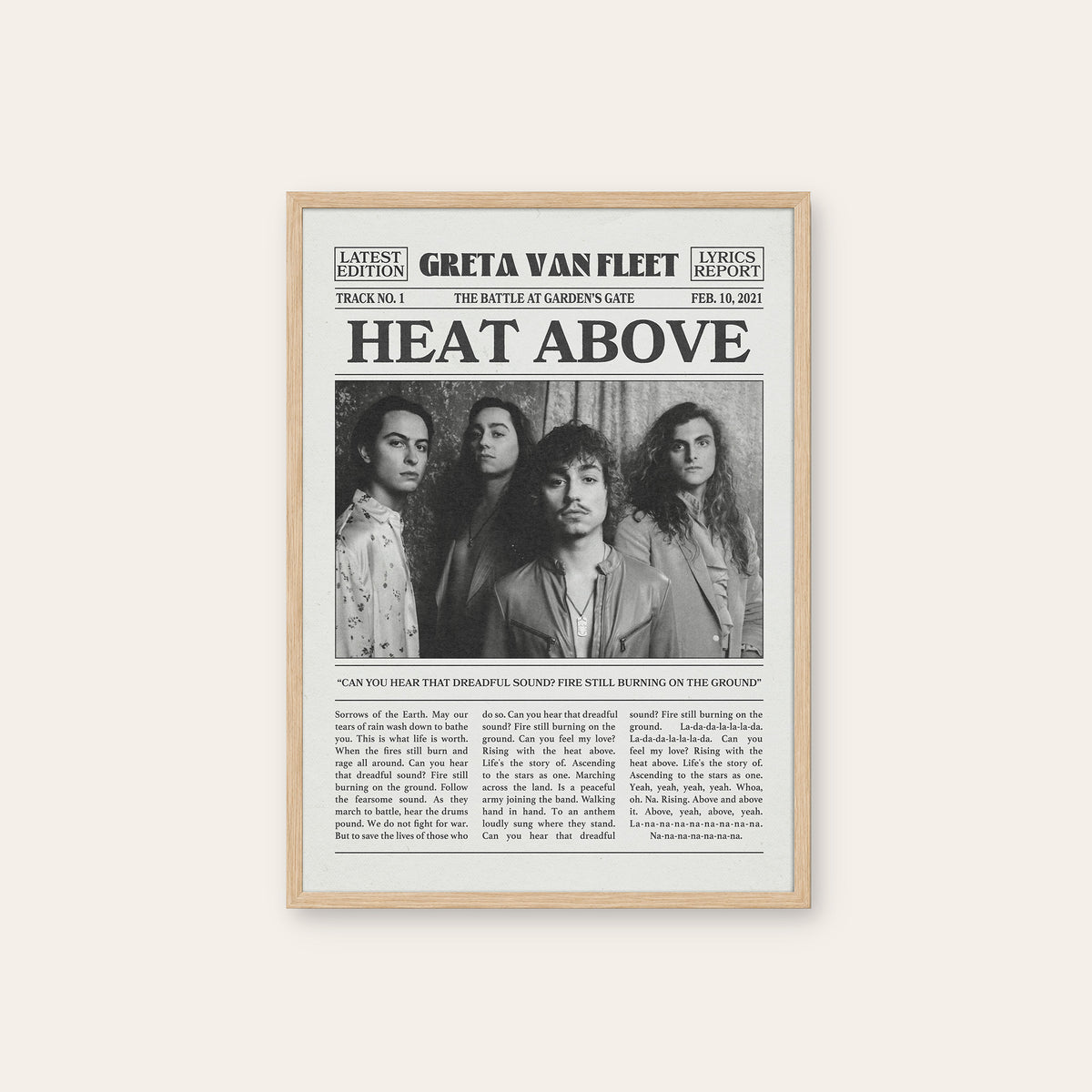 Greta Van Fleet Heat Above newspaper poster — natural wood frame