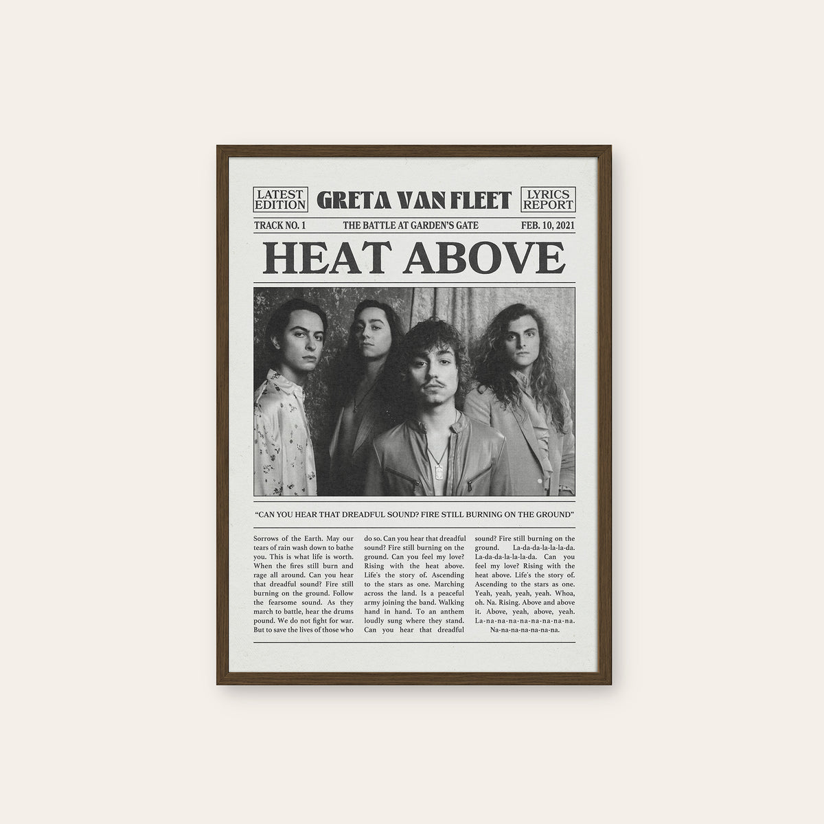Greta Van Fleet Heat Above newspaper poster — dark wood frame