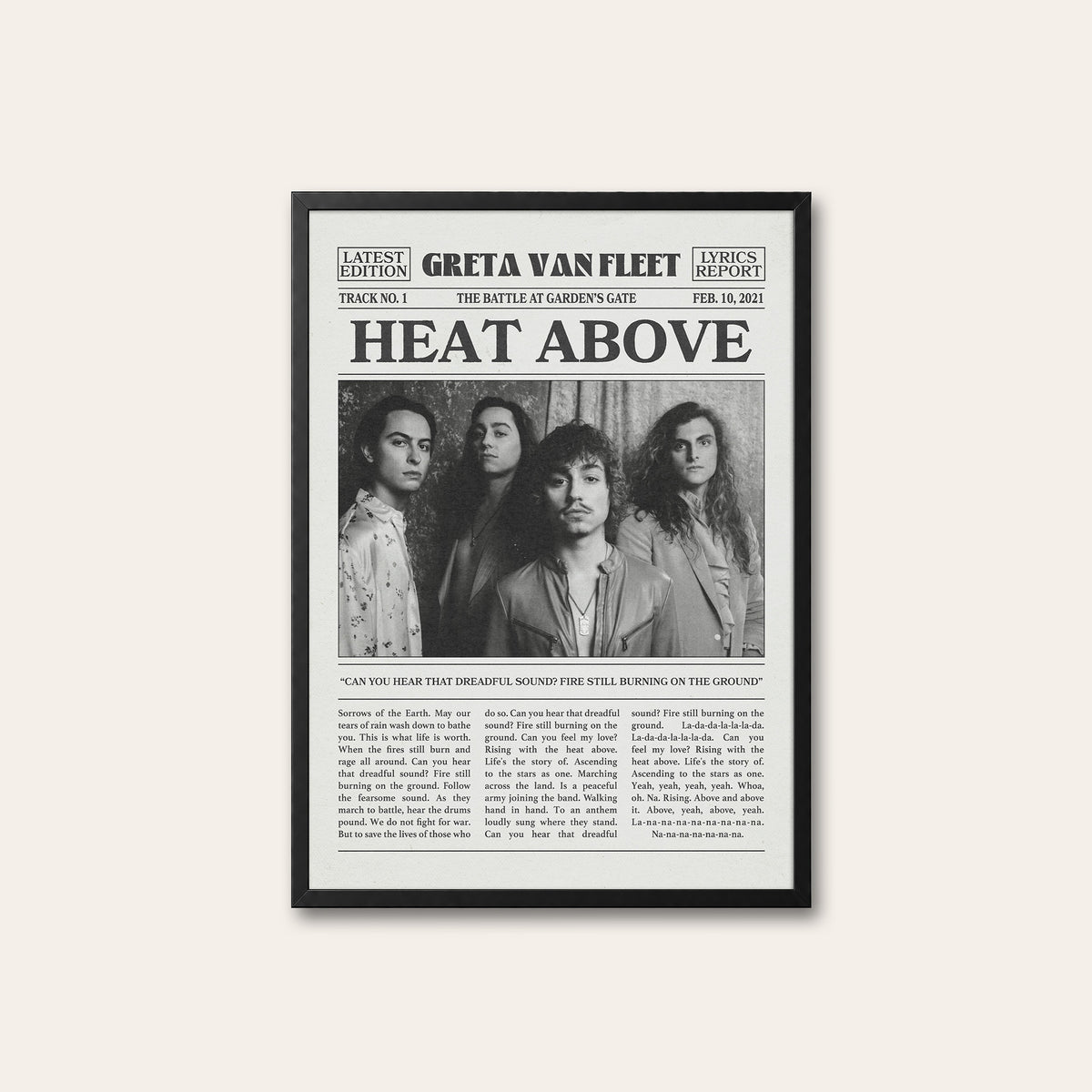 Greta Van Fleet Heat Above newspaper poster — black frame