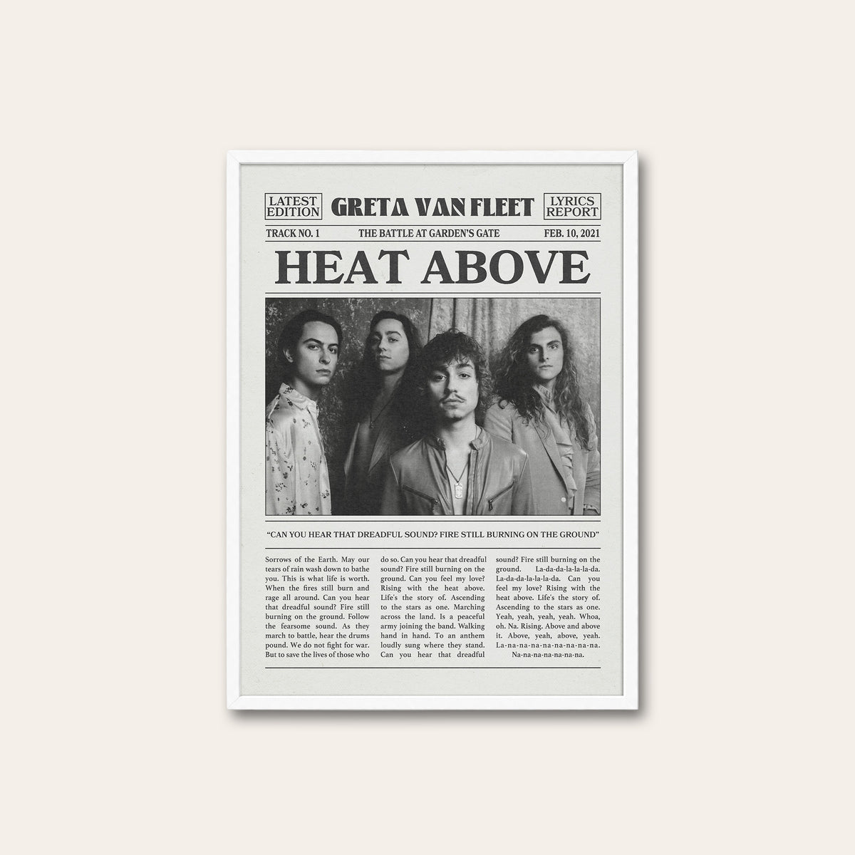 Greta Van Fleet Heat Above newspaper poster — white frame