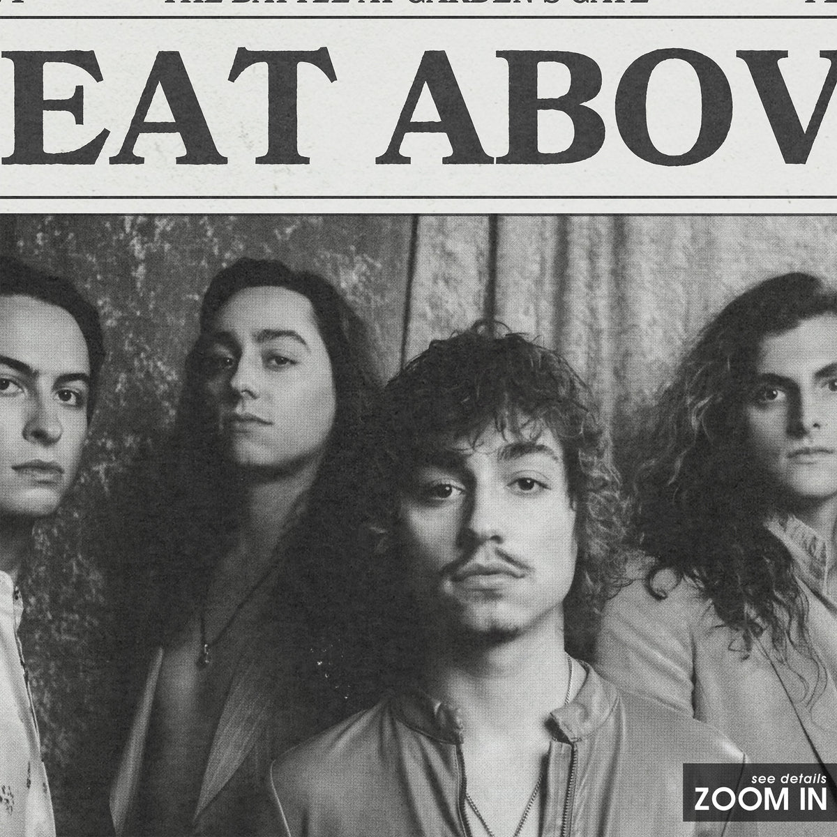 Greta Van Fleet Heat Above newspaper poster — close-up detail