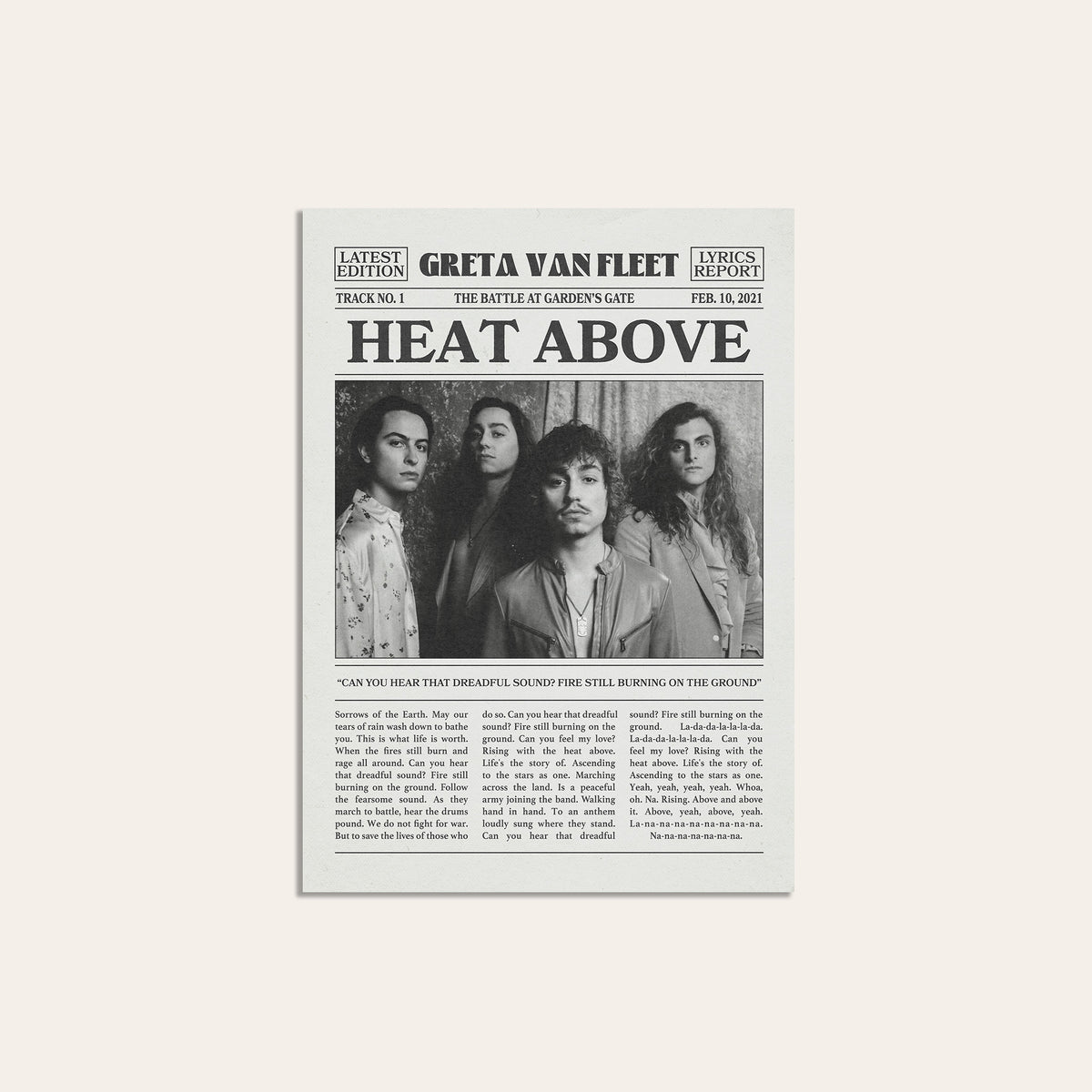 Greta Van Fleet Heat Above newspaper poster — unframed print