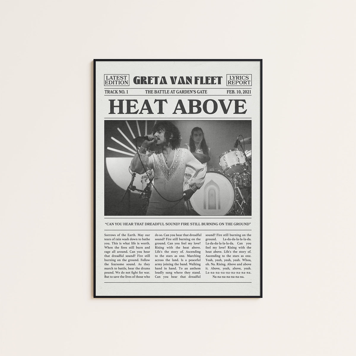 Greta Van Fleet Heat Above newspaper poster — black frame display