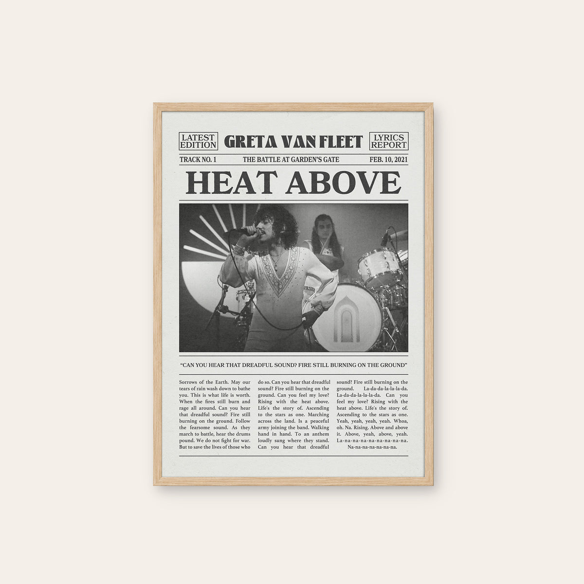 Greta Van Fleet Heat Above newspaper poster — natural wood frame
