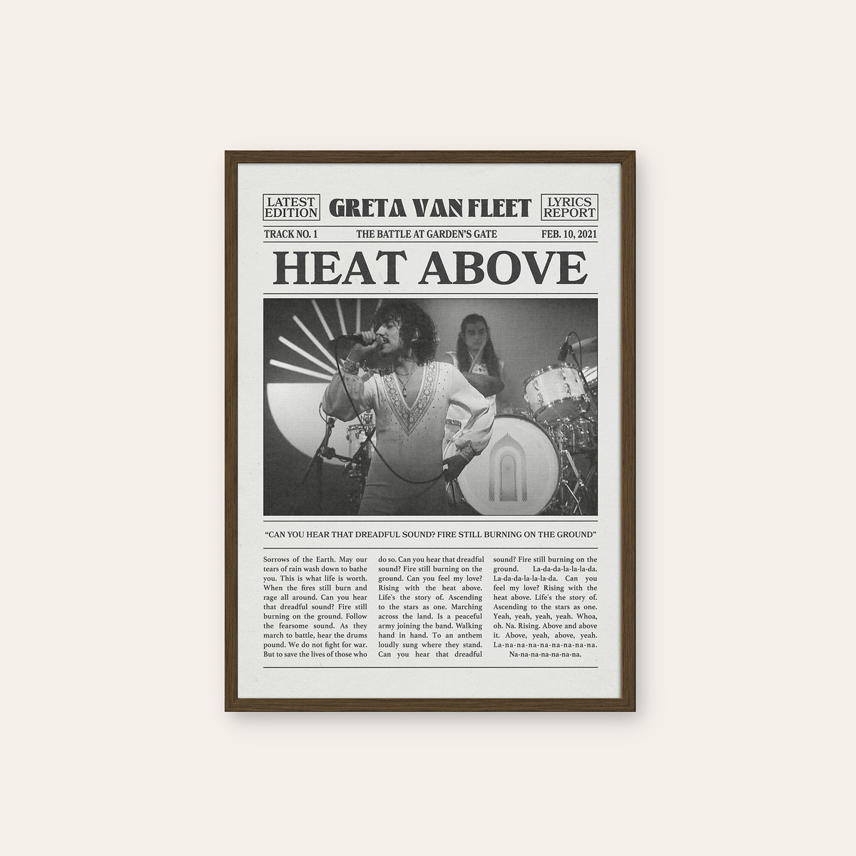 Greta Van Fleet Heat Above newspaper poster — dark wood frame