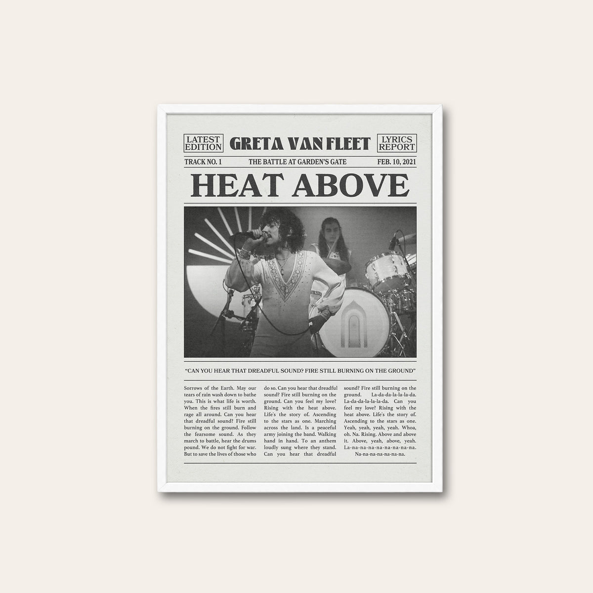 Greta Van Fleet Heat Above newspaper poster — white frame