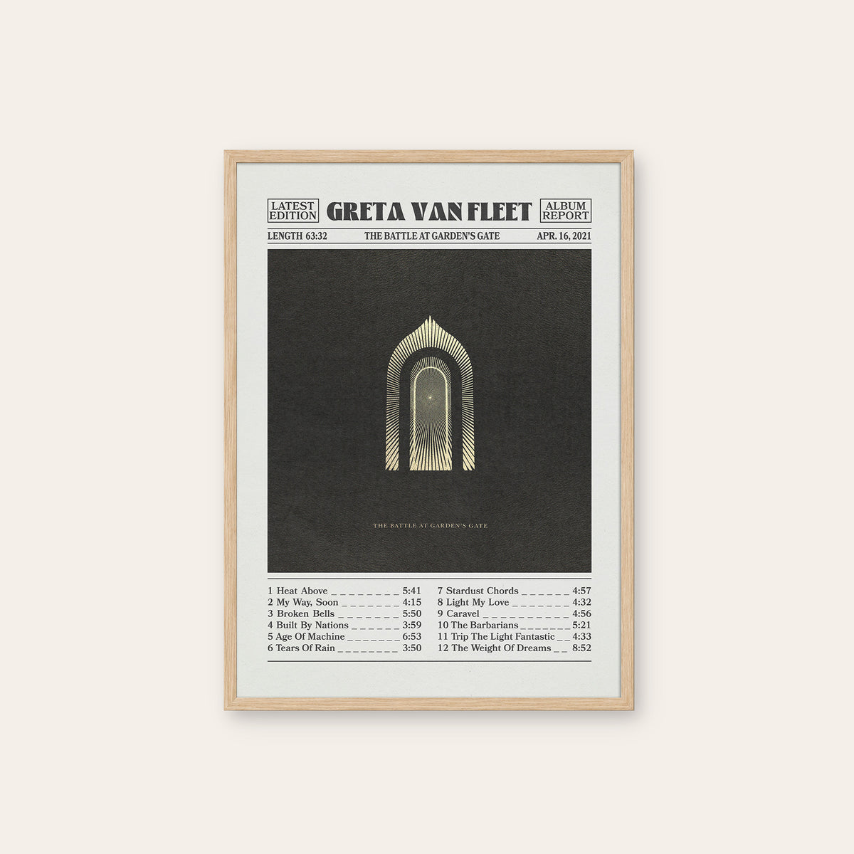 Greta Van Fleet The Battle at Garden's Gate album poster — natural wood frame