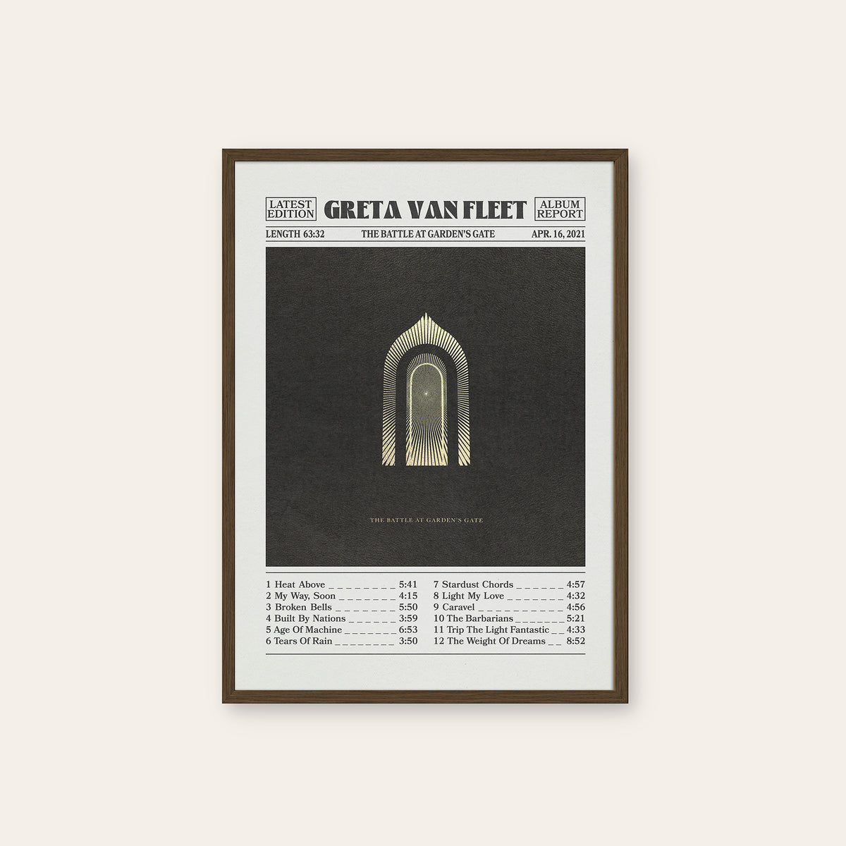 Greta Van Fleet The Battle at Garden's Gate album poster — dark wood frame