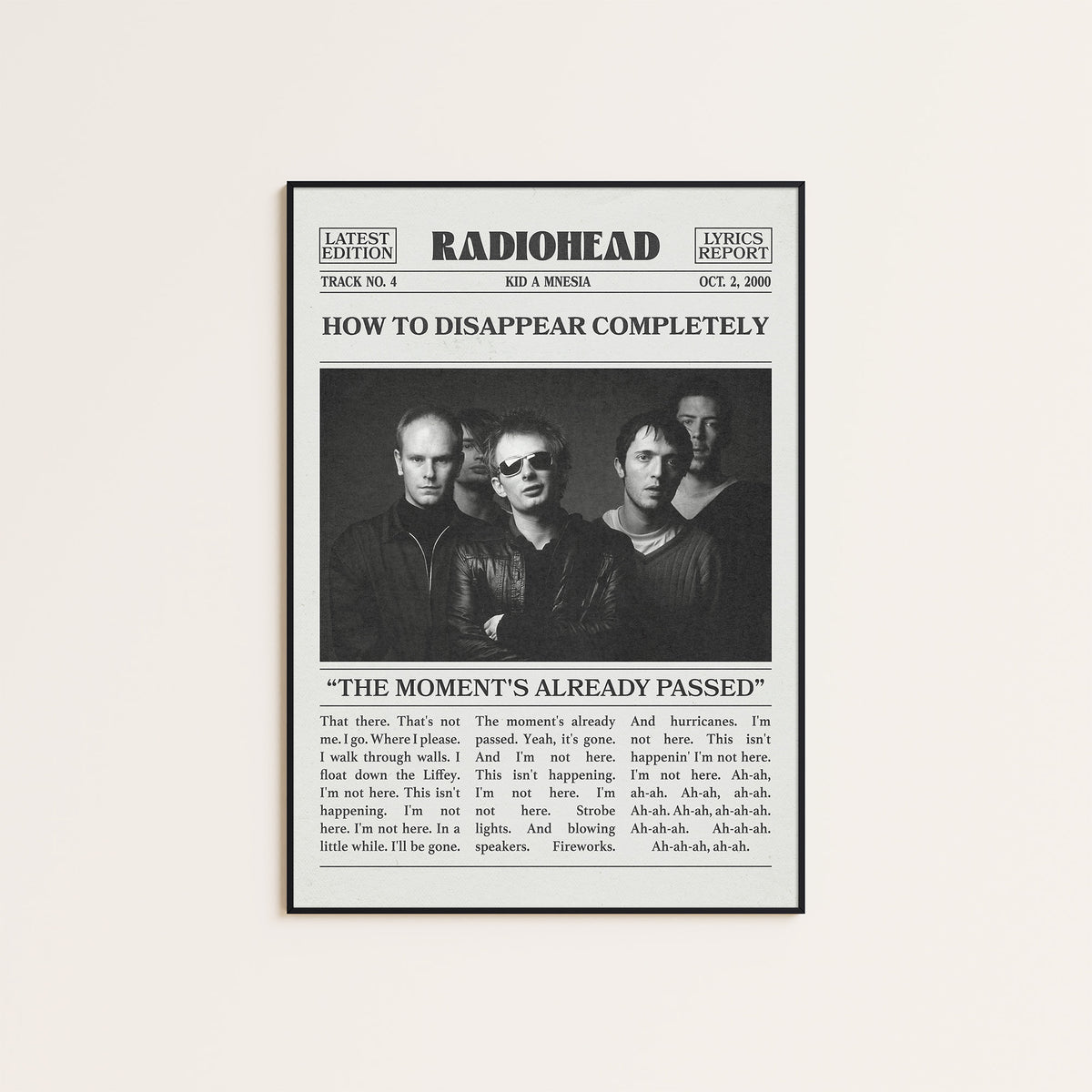 Radiohead How to Disappear Completely newspaper poster — black frame display