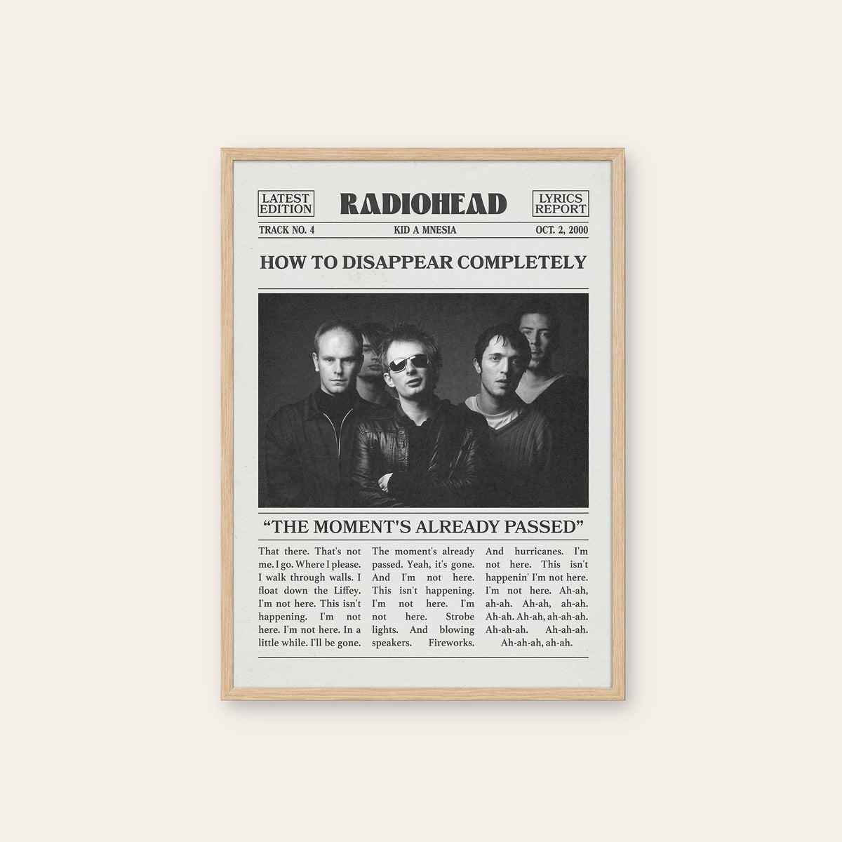Radiohead How to Disappear Completely newspaper poster — natural wood frame