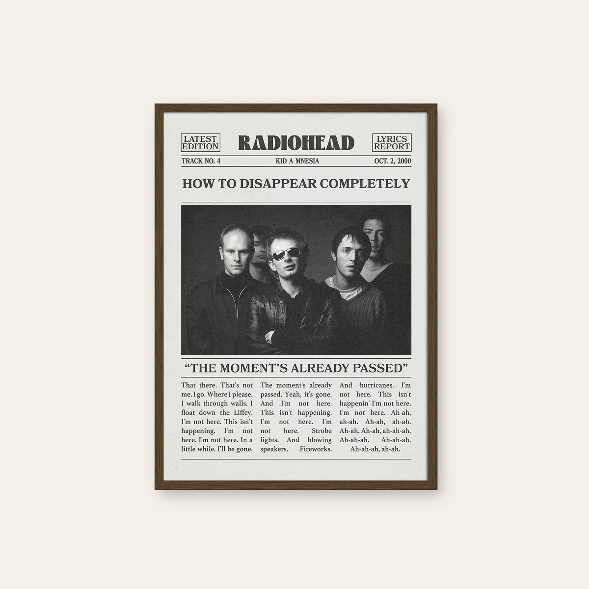 Radiohead How to Disappear Completely newspaper poster — dark wood frame