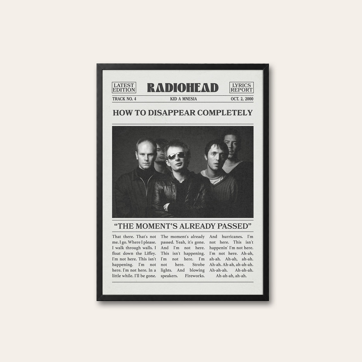 Radiohead How to Disappear Completely newspaper poster — black frame