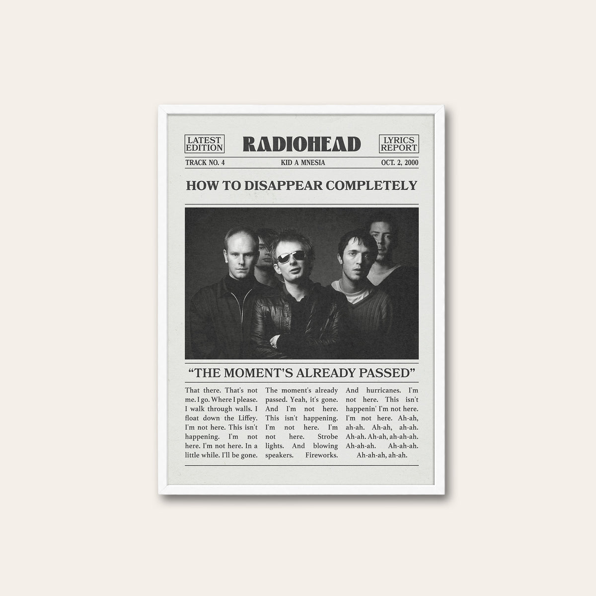 Radiohead How to Disappear Completely newspaper poster — white frame