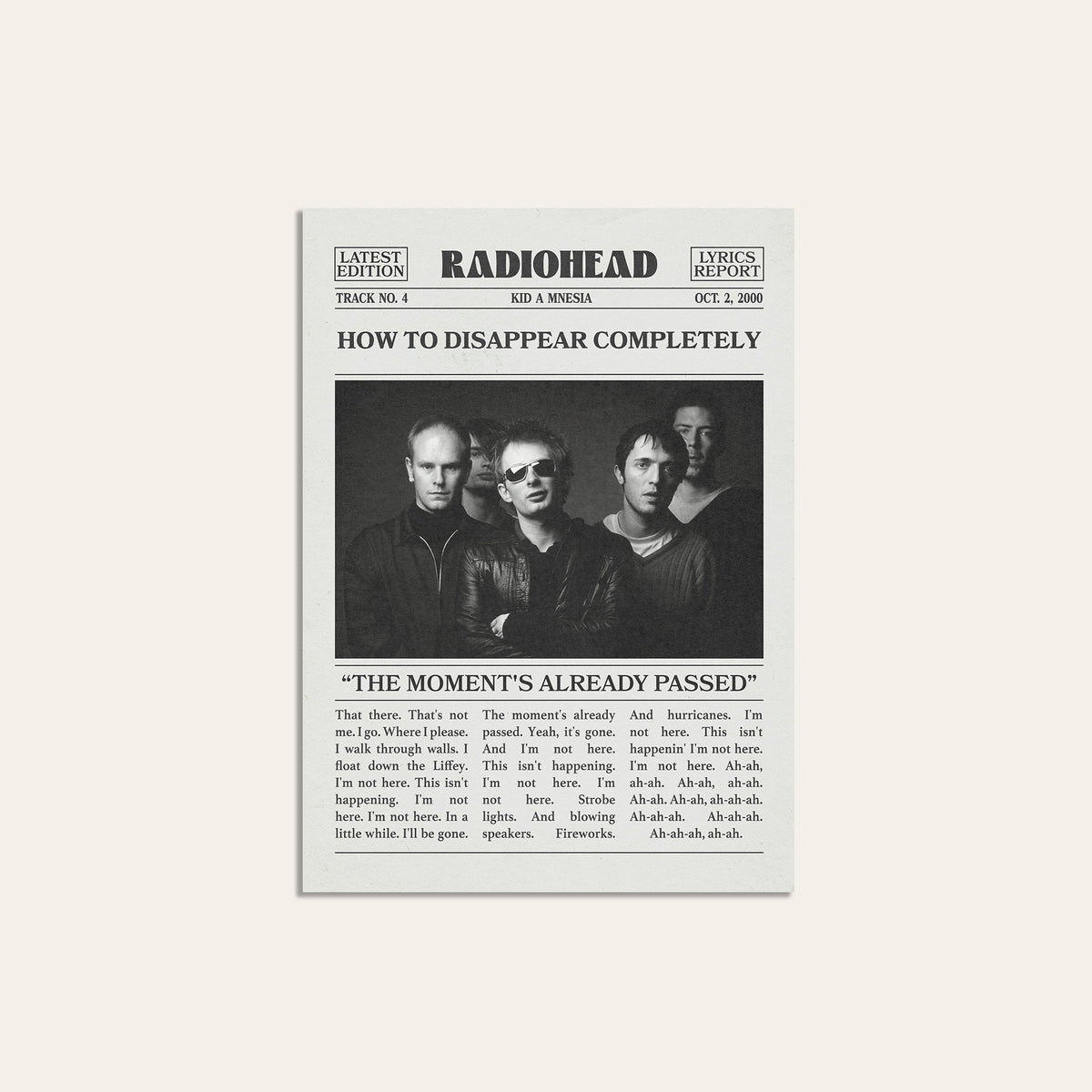 Radiohead How to Disappear Completely newspaper poster — unframed print