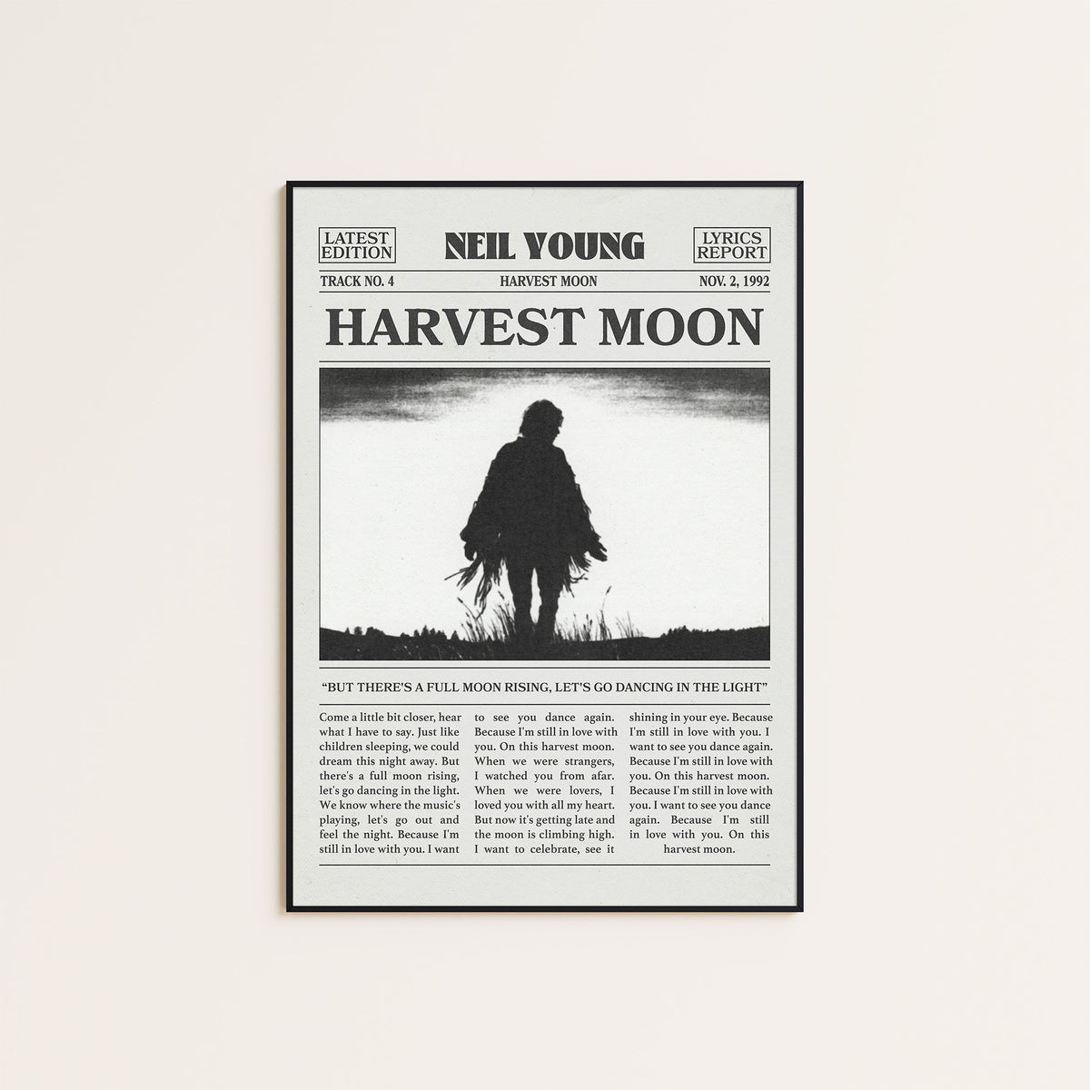 Neil Young Harvest Moon newspaper poster — black frame display