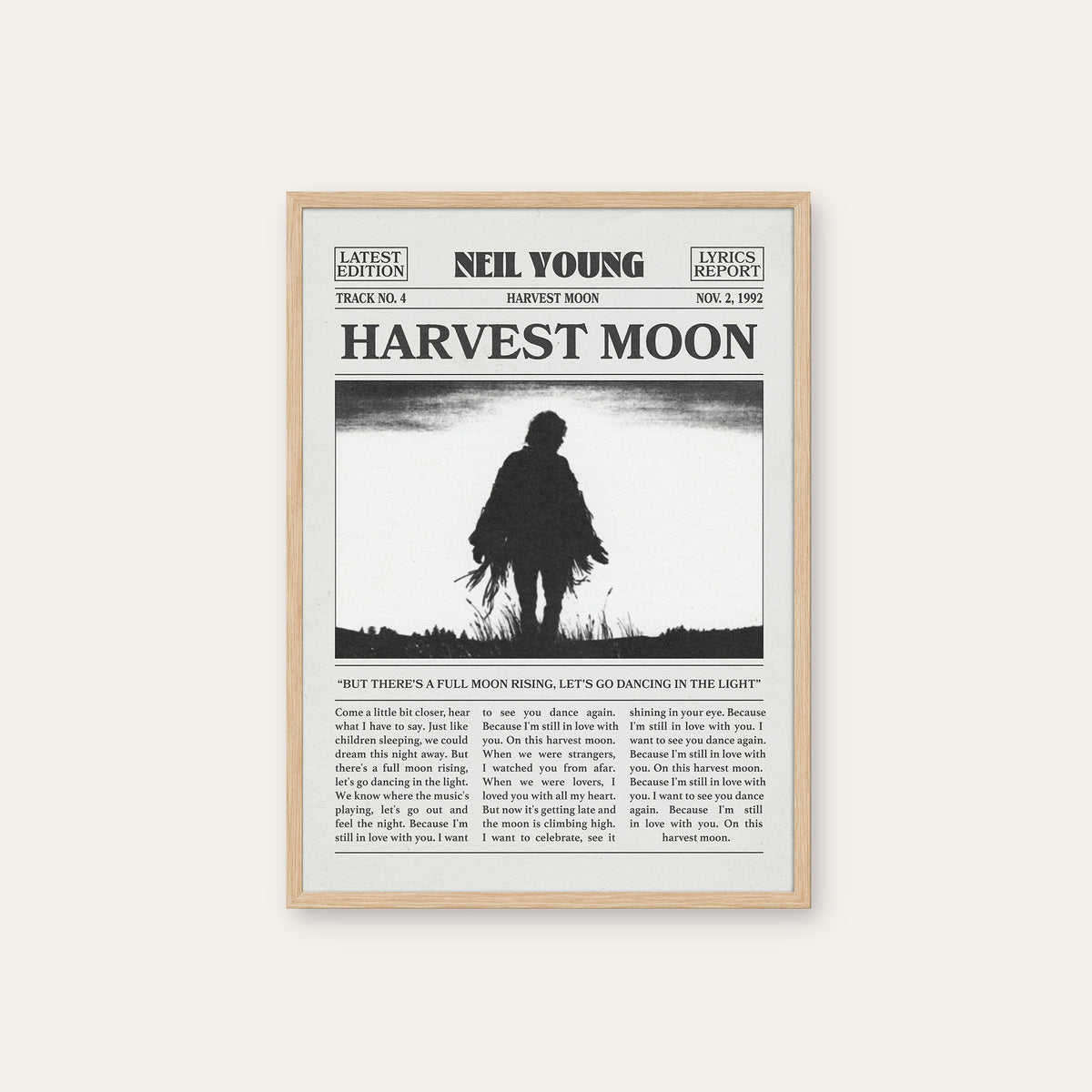 Neil Young Harvest Moon newspaper poster — natural wood frame