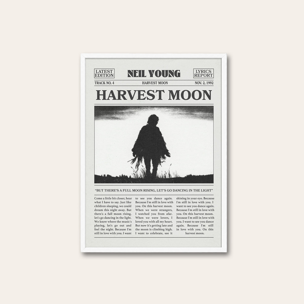 Neil Young Harvest Moon newspaper poster — white frame
