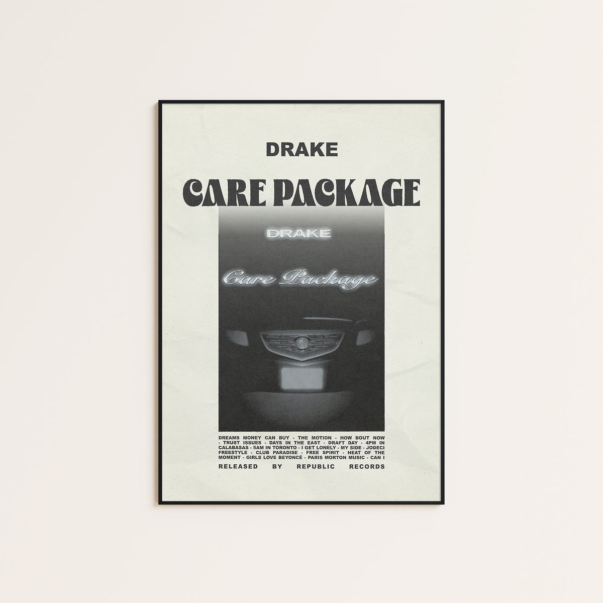 Drake Care Package album poster — black frame display