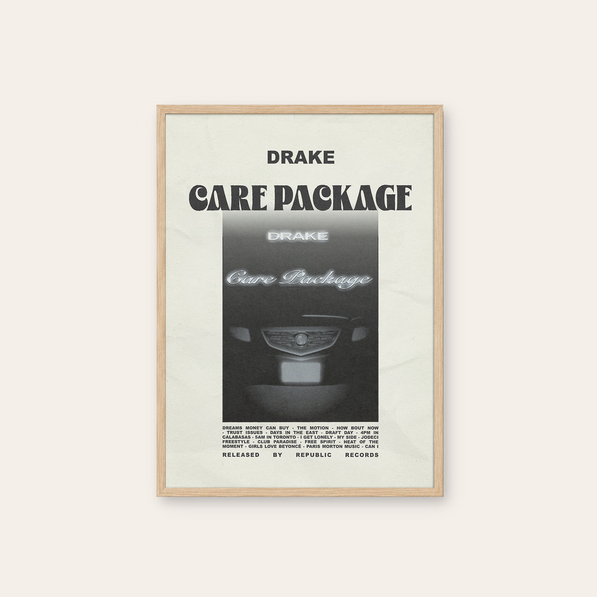 Drake Care Package album poster — natural wood frame
