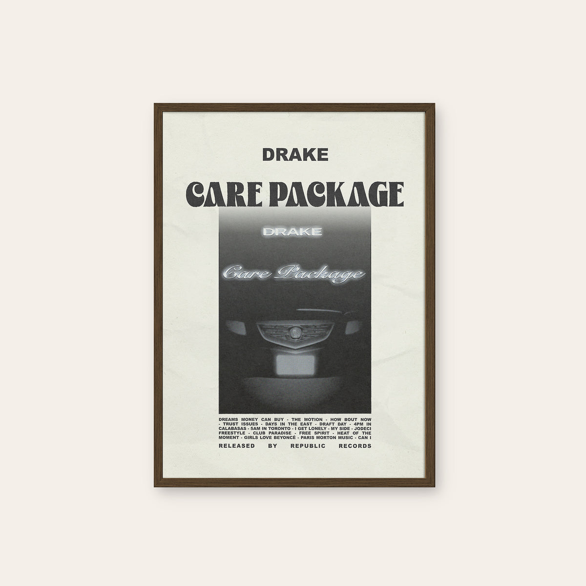 Drake Care Package album poster — dark wood frame