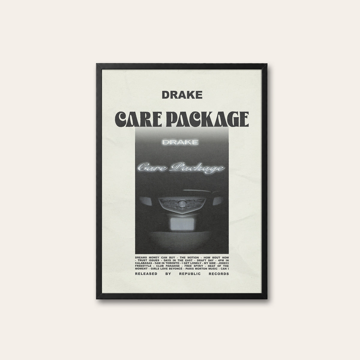 Drake Care Package album poster — black frame