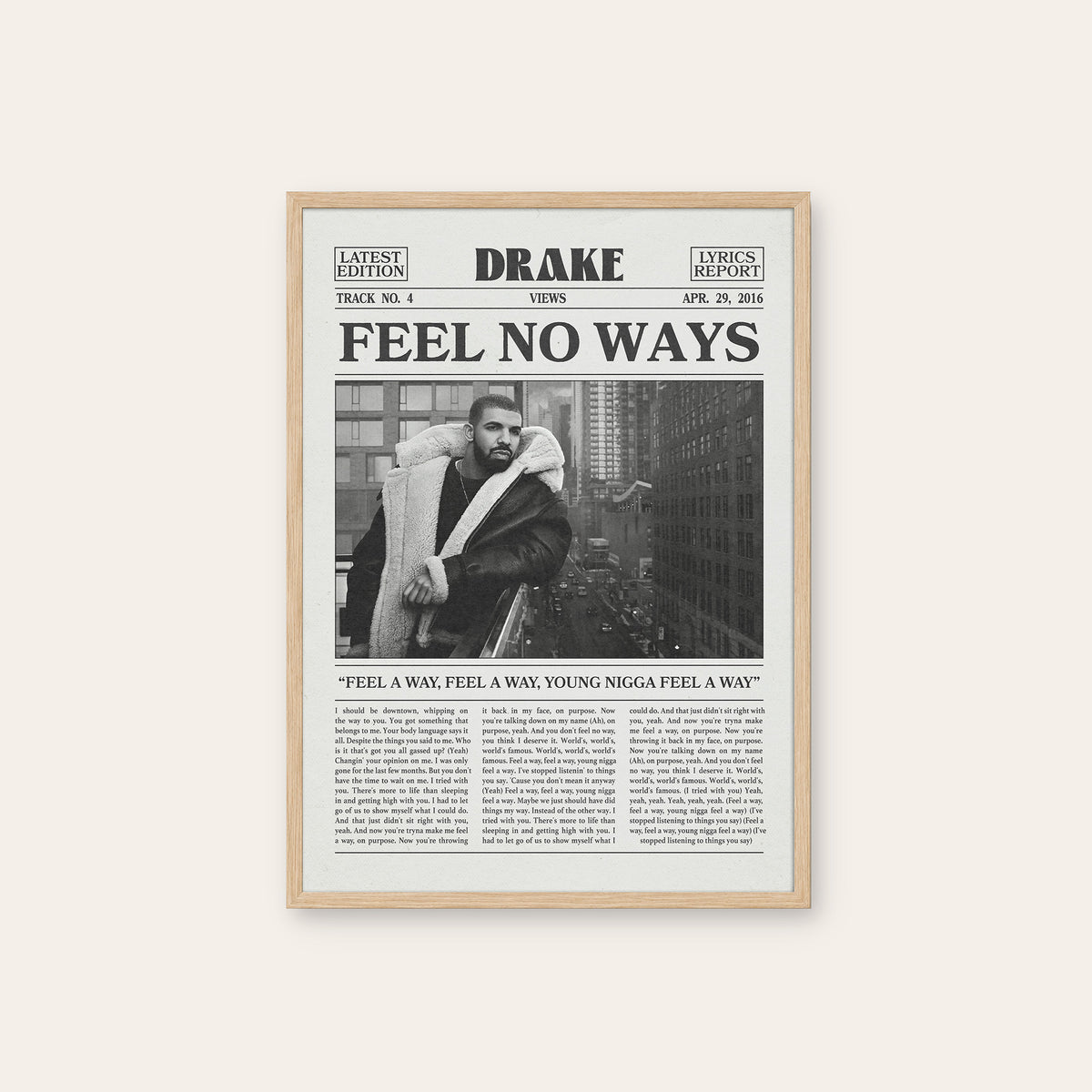 Drake Feel No Ways newspaper poster — natural wood frame