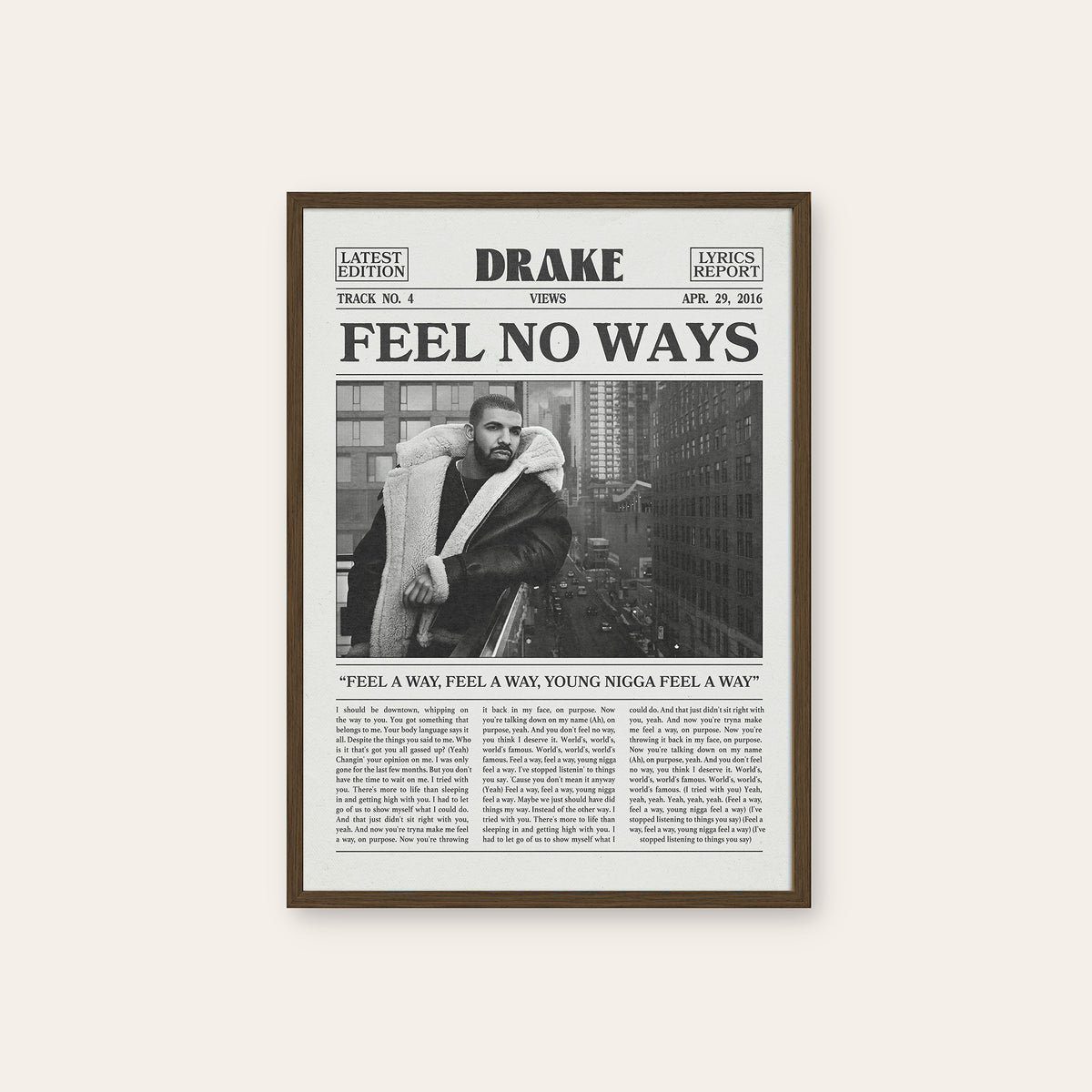 Drake Feel No Ways newspaper poster — dark wood frame