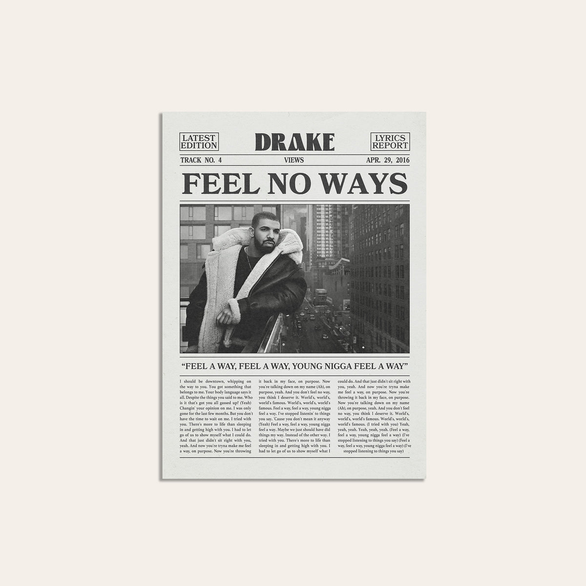 Drake Feel No Ways newspaper poster — unframed print