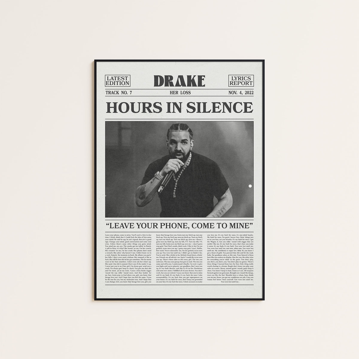 Drake Hours in Silence newspaper poster — black frame display