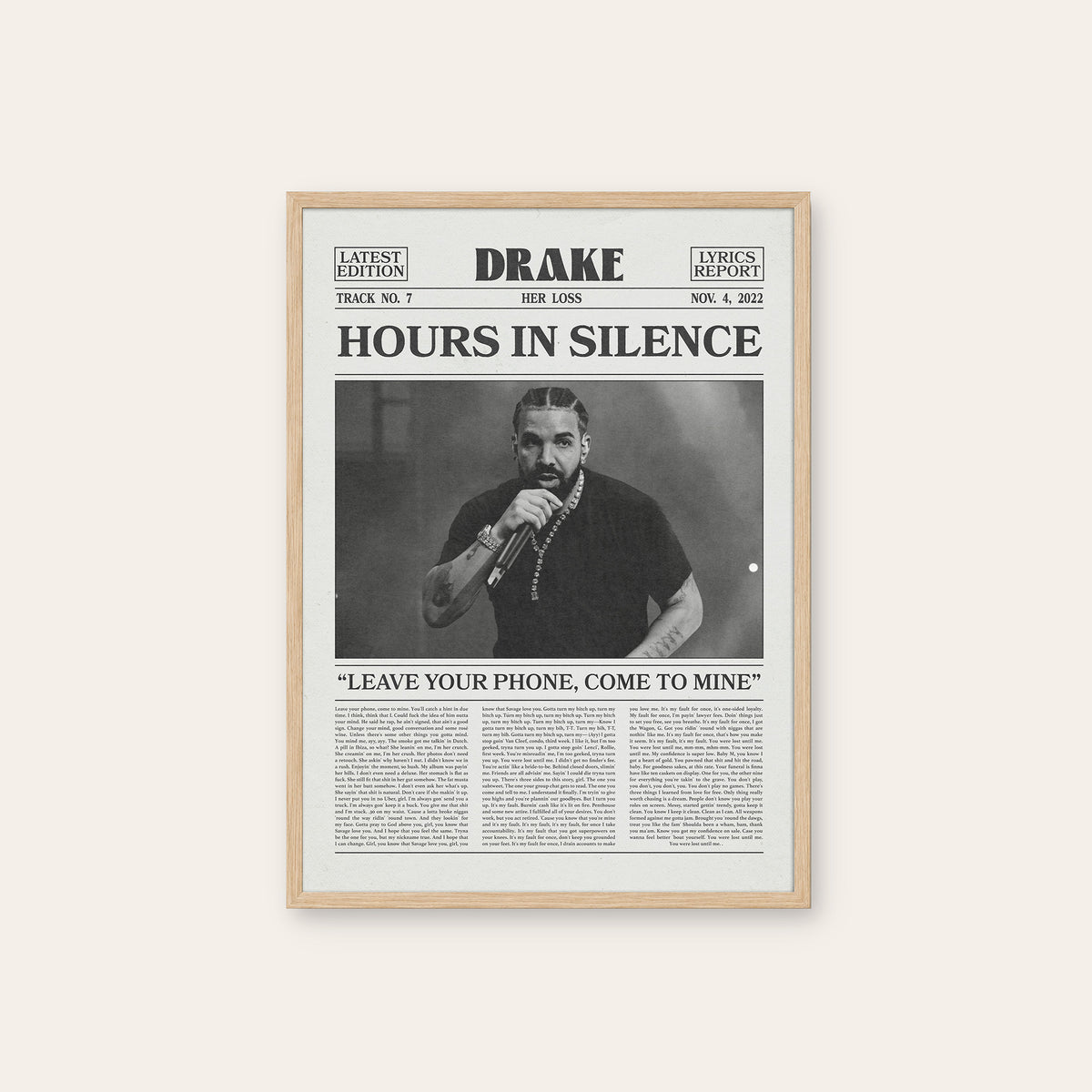 Drake Hours in Silence newspaper poster — natural wood frame