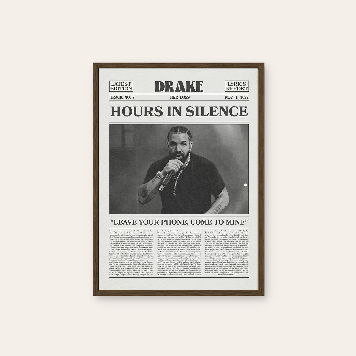 Drake Hours in Silence newspaper poster — dark wood frame