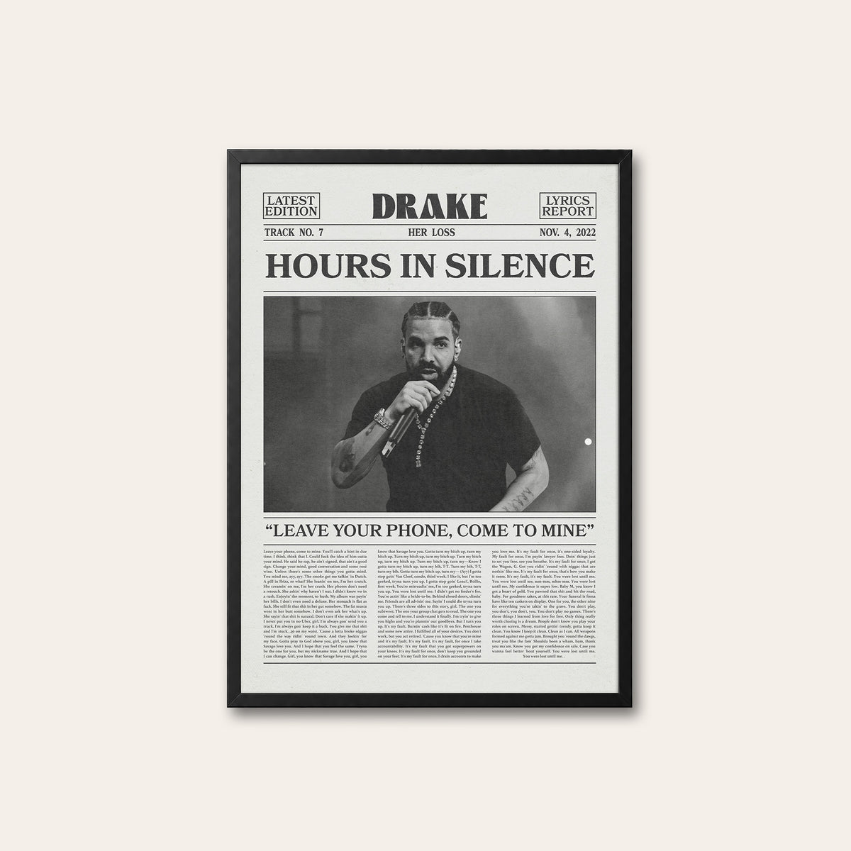 Drake Hours in Silence newspaper poster — black frame