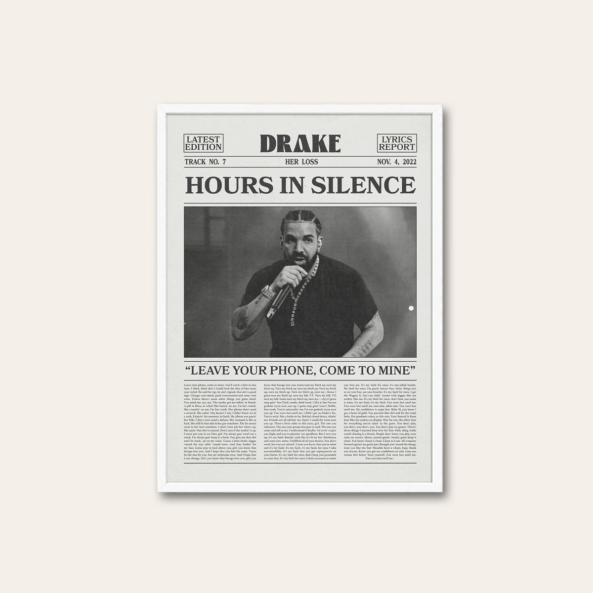 Drake Hours in Silence newspaper poster — white frame