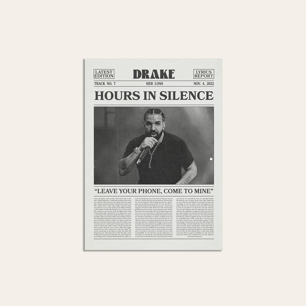 Drake Hours in Silence newspaper poster — unframed print