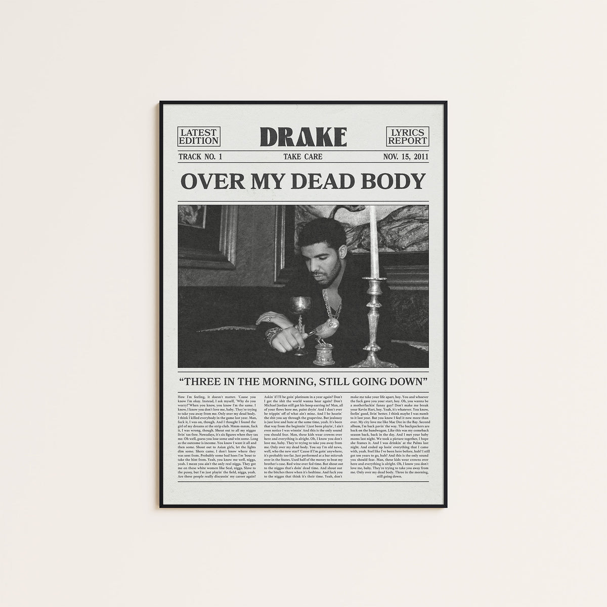 Drake Over My Dead Body newspaper poster — black frame display