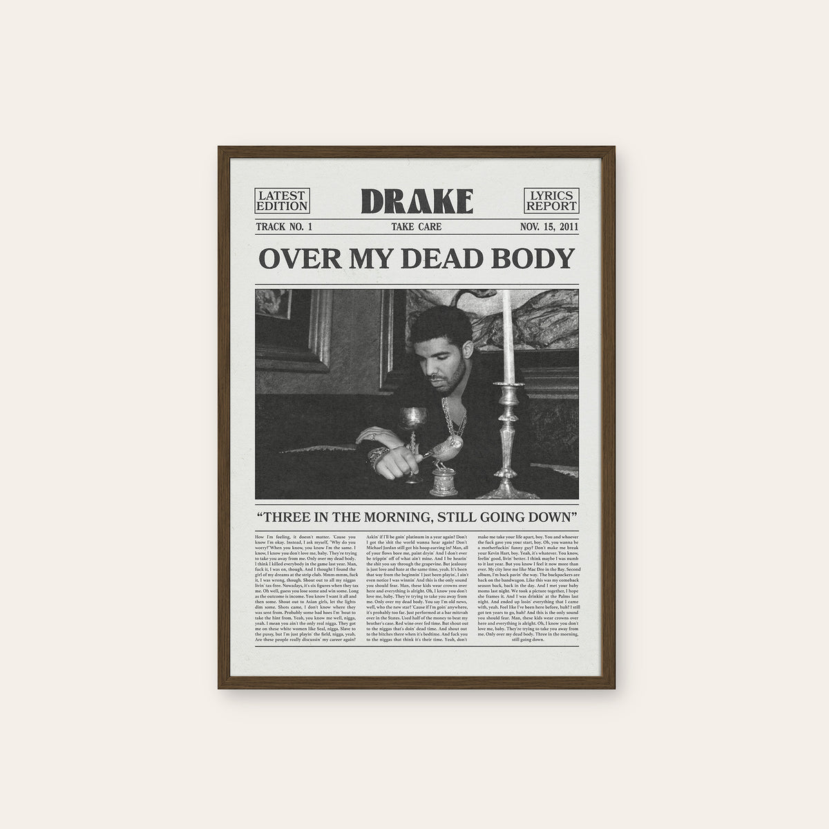 Drake Over My Dead Body newspaper poster — dark wood frame