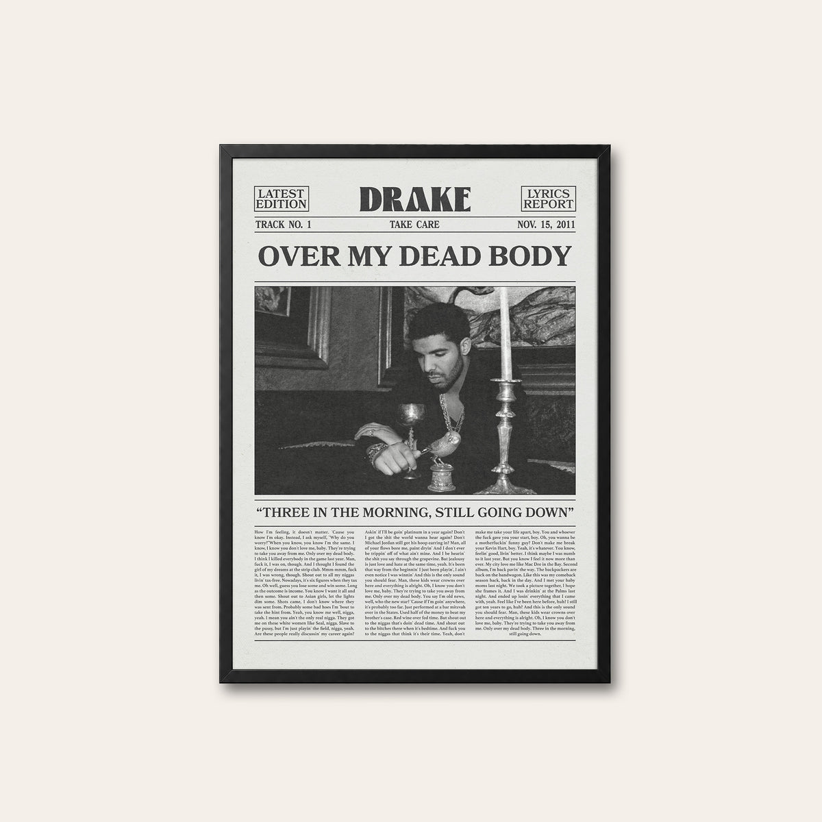 Drake Over My Dead Body newspaper poster — black frame