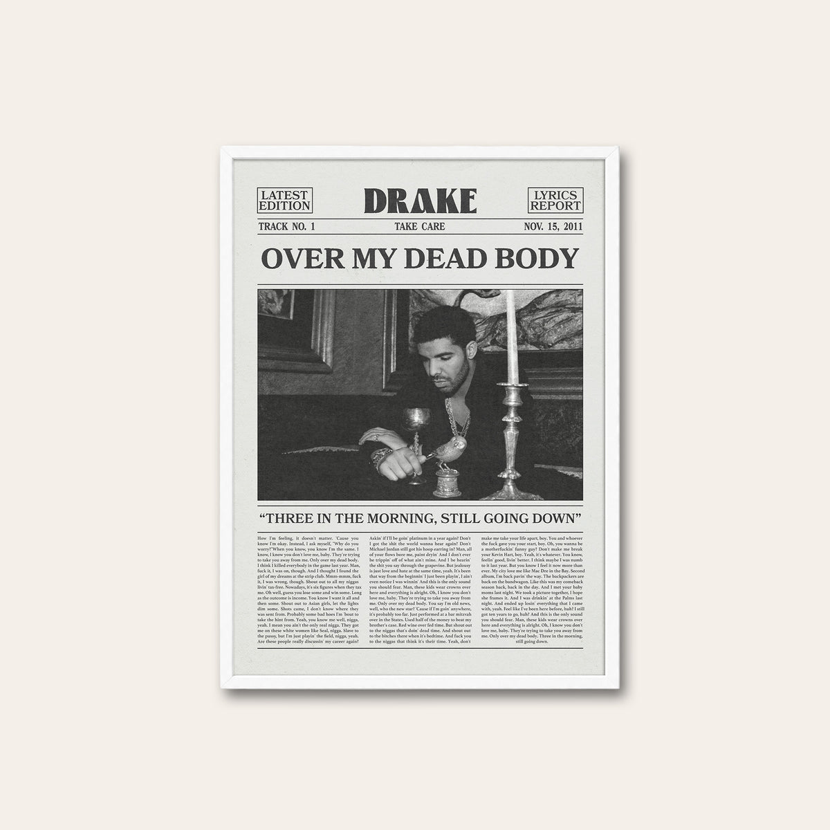 Drake Over My Dead Body newspaper poster — white frame
