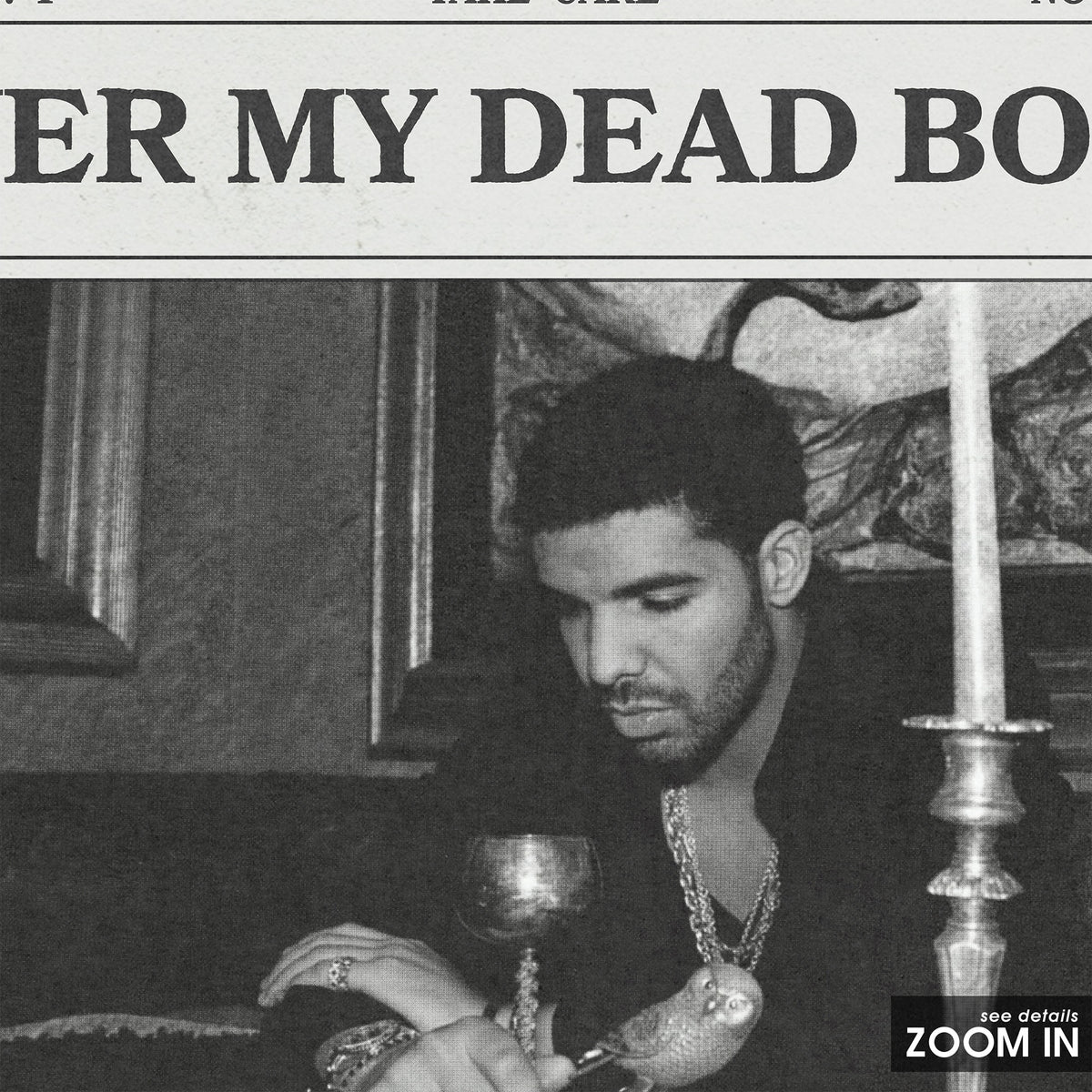 Drake Over My Dead Body newspaper poster — close-up detail