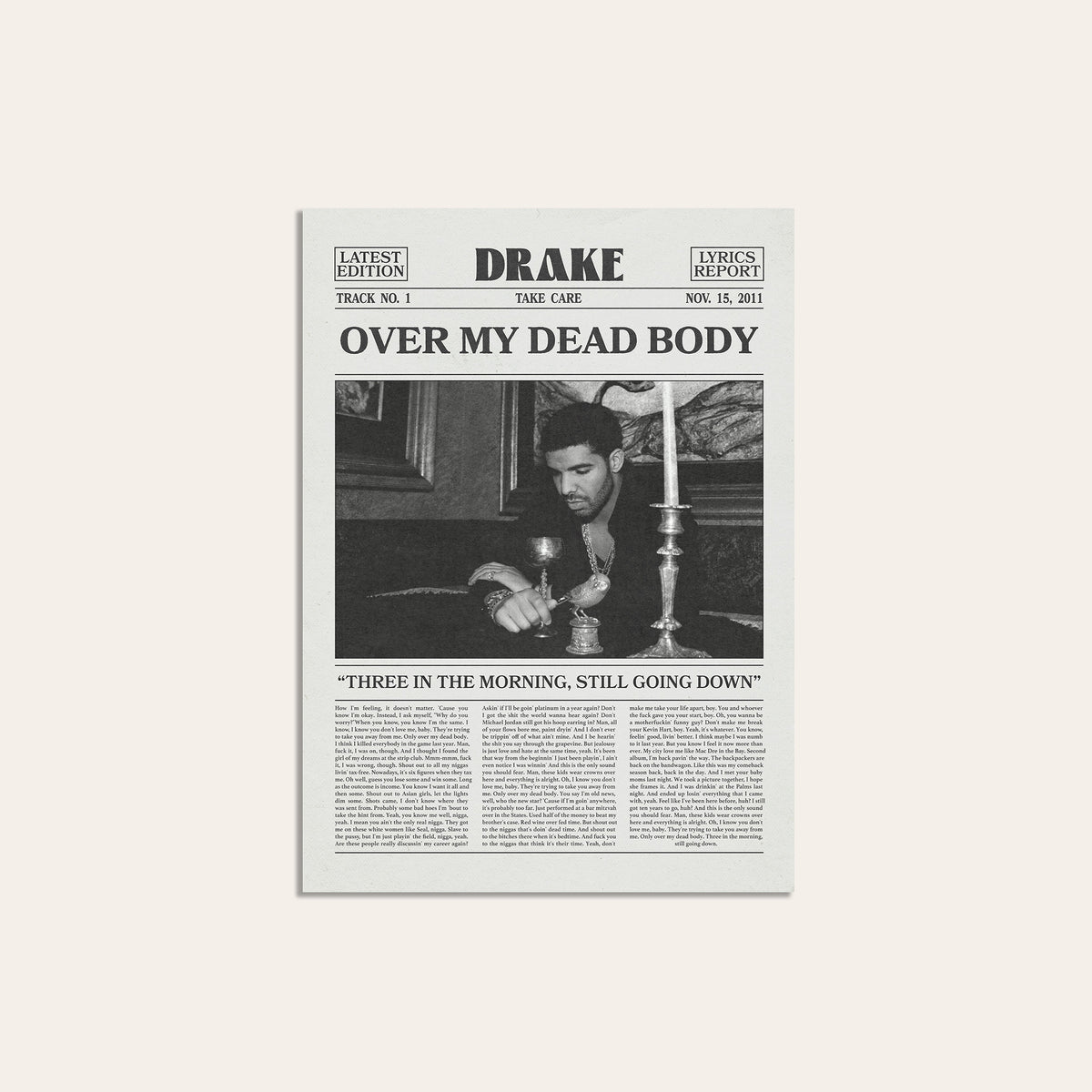 Drake Over My Dead Body newspaper poster — unframed print