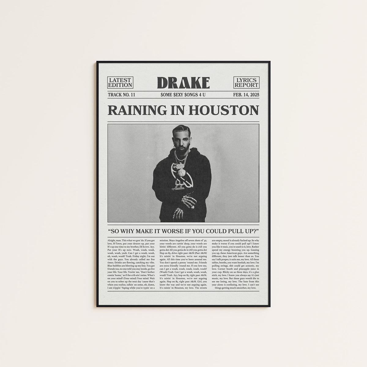 Drake Raining in Houston newspaper poster — black frame display