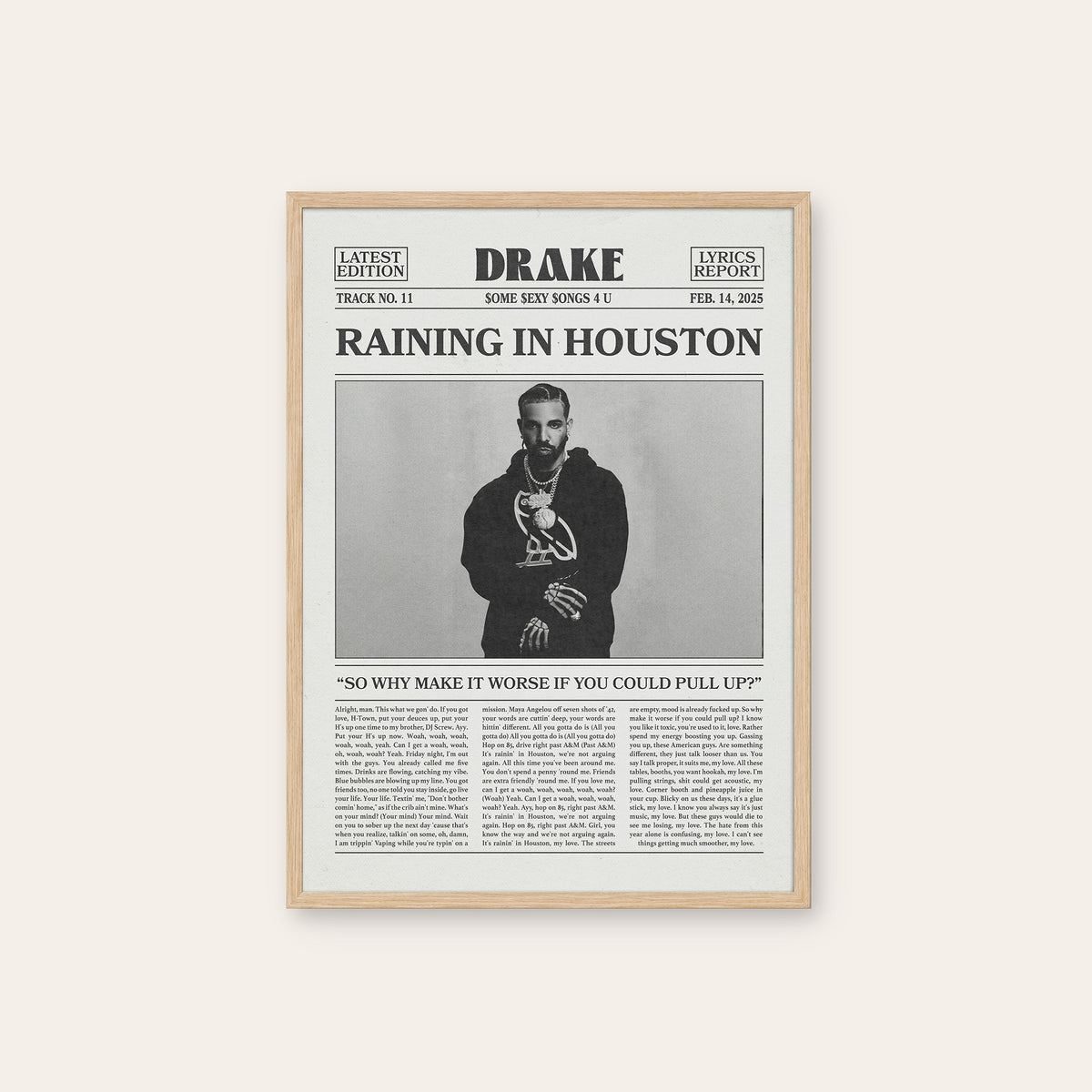 Drake Raining in Houston newspaper poster — natural wood frame