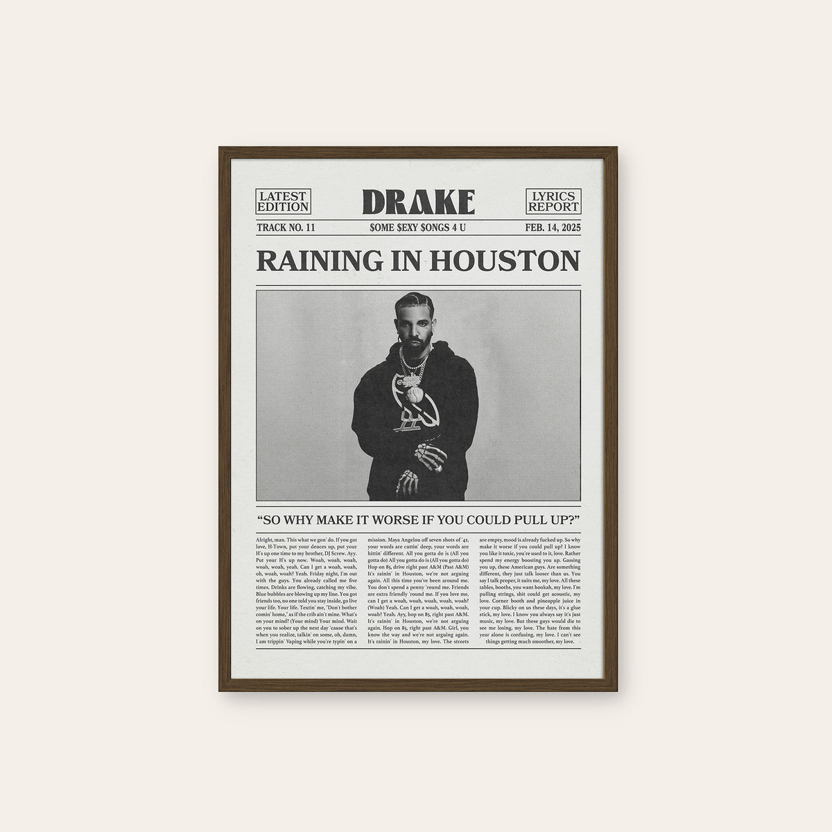 Drake Raining in Houston newspaper poster — dark wood frame