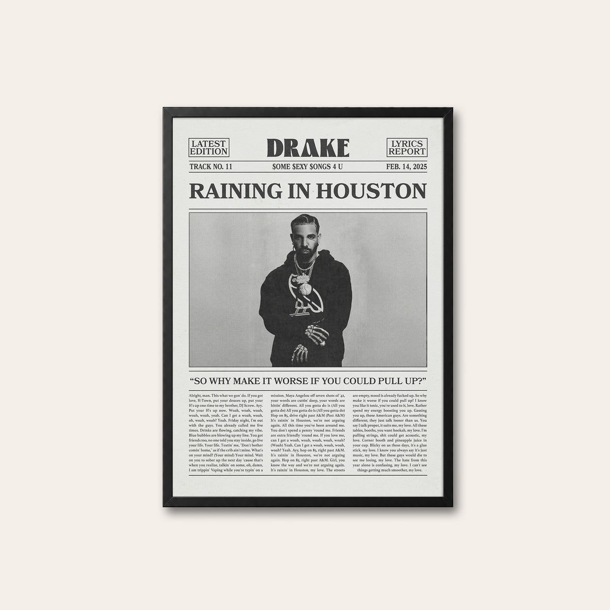 Drake Raining in Houston newspaper poster — black frame