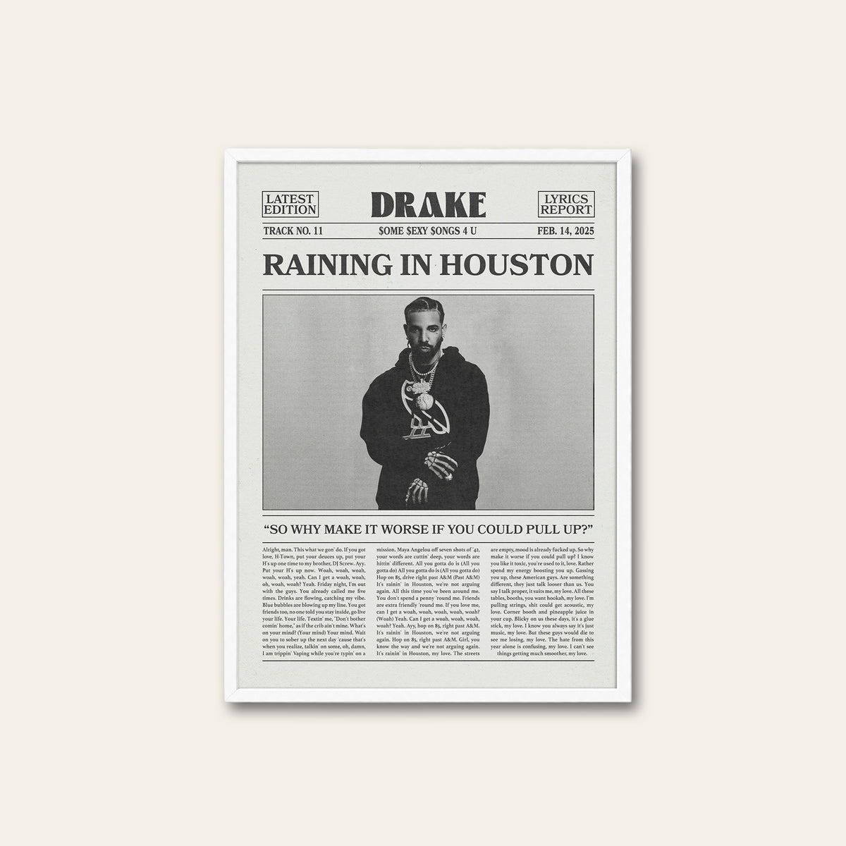 Drake Raining in Houston newspaper poster — white frame