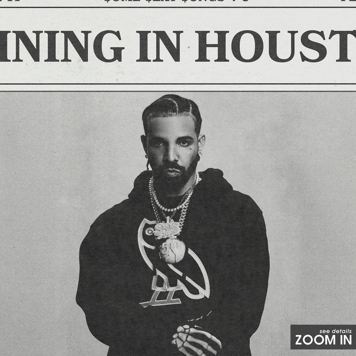 Drake Raining in Houston newspaper poster — close-up detail