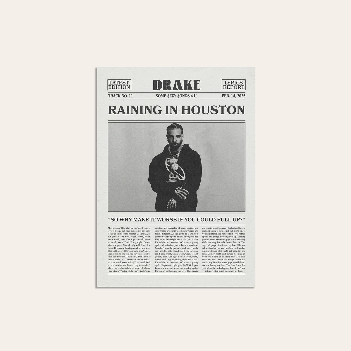 Drake Raining in Houston newspaper poster — unframed print